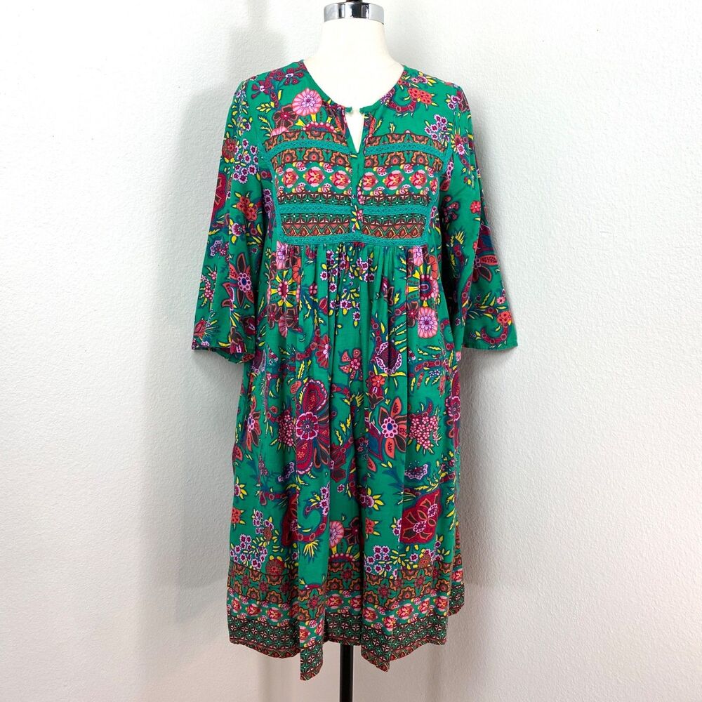 World Market Green Cotton Floral Dress S/M Colorful Pockets Boho Peasant Cottage